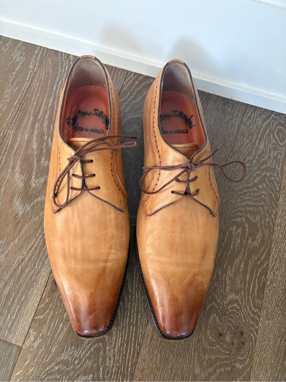 Santoni Men's Tan Burnished Leather Oxford Shoes - Picture 3 of 9